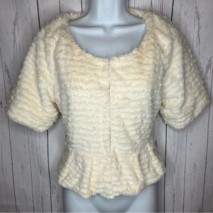 Love 21 Dressy Crop Peplum Jacket Women’s XS Ivory Fuzzy Short Sleeve Lined